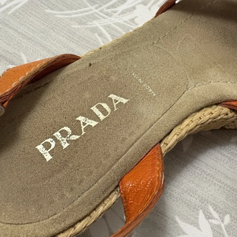 Prada Orange Leather Espadrille Wedge Sandals